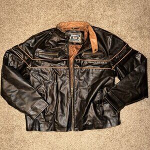 Whispering Smith Men Faux Leather Moto Jacket Black Brown Accents Size Large